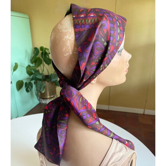 Vintage 70s boho head scarf, purple, hot pink abstract, long silky headwrap - Picture 1 of 8